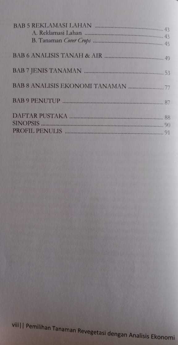 Daftar Isi Pemanfaatan Lahan Bekas Tambang - Yustina Hong Lawing Amerta Media - Buku Rehabilitasi Lahan Bekas Tambang